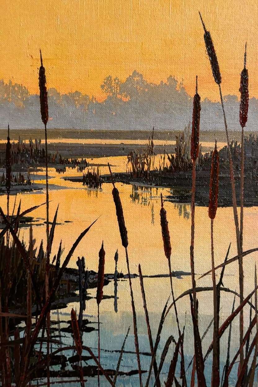 Oil painting of dark silhouetted cattails in foreground over orange-reflecting marsh water with distant trees under a yellow-orange sunset sky.
