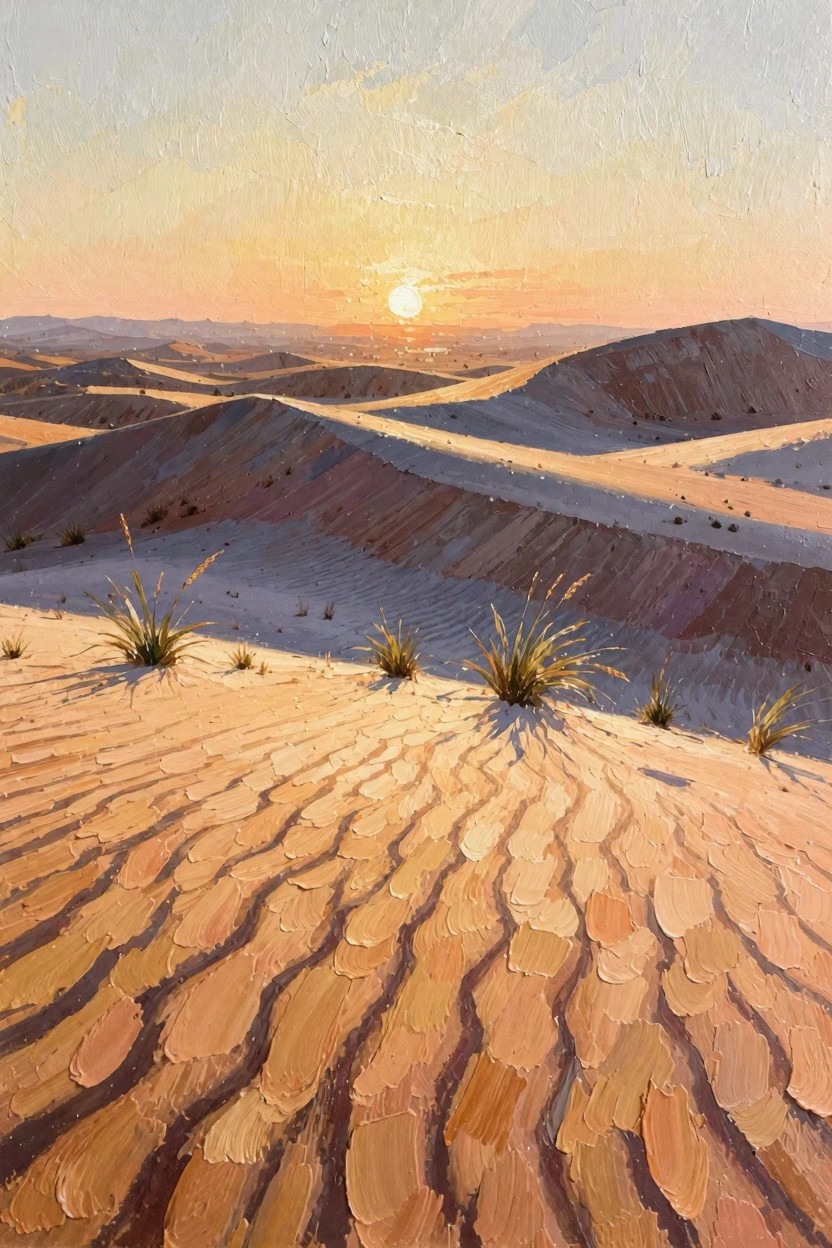 Oil painting of rippled sand dunes in a desert at sunset with golden sunlight, sparse foreground grasses, textured sand shadows, and distant hazy hills.