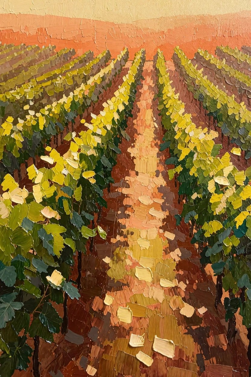 Oil painting of yellow-green grapevines in rows flanking a textured orange path under a warm sunset sky with distant hills.