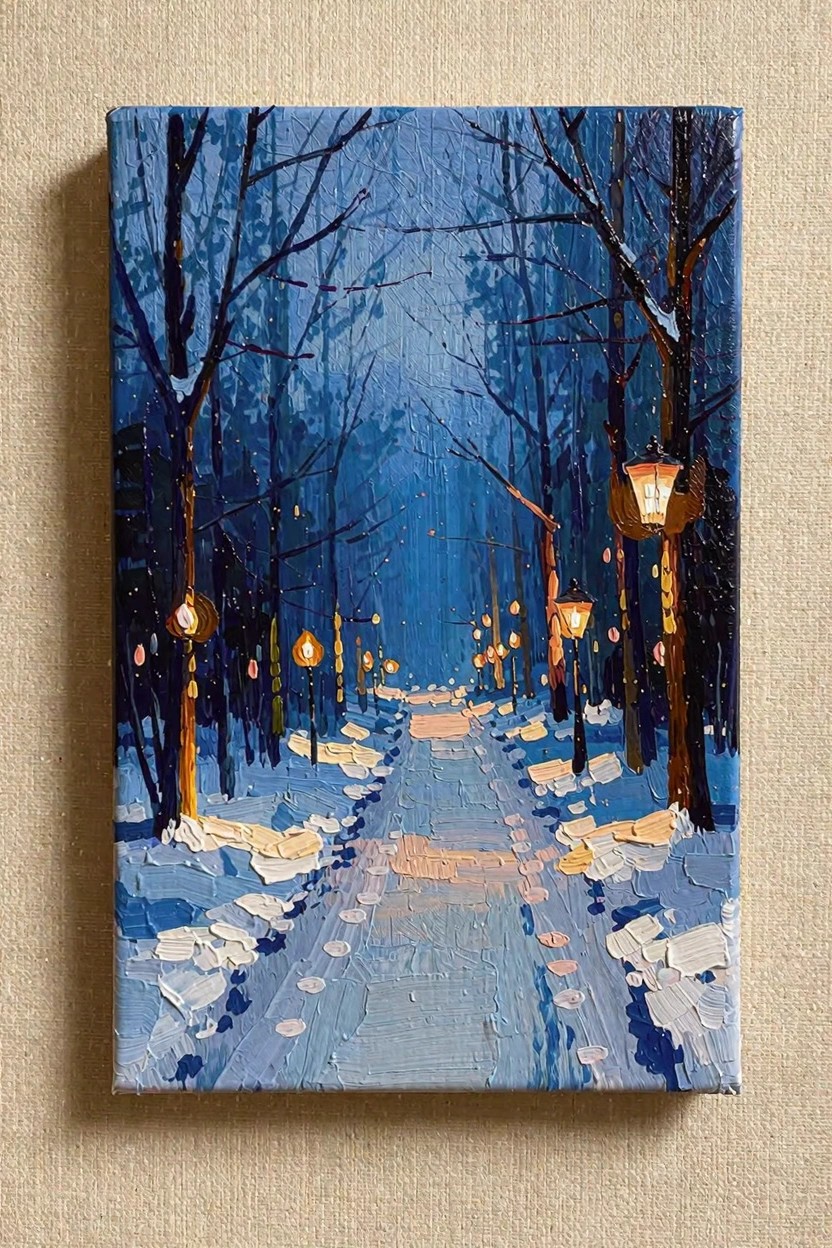 Oil painting of a snowy path lined with glowing lanterns through dark blue-toned bare trees at twilight.