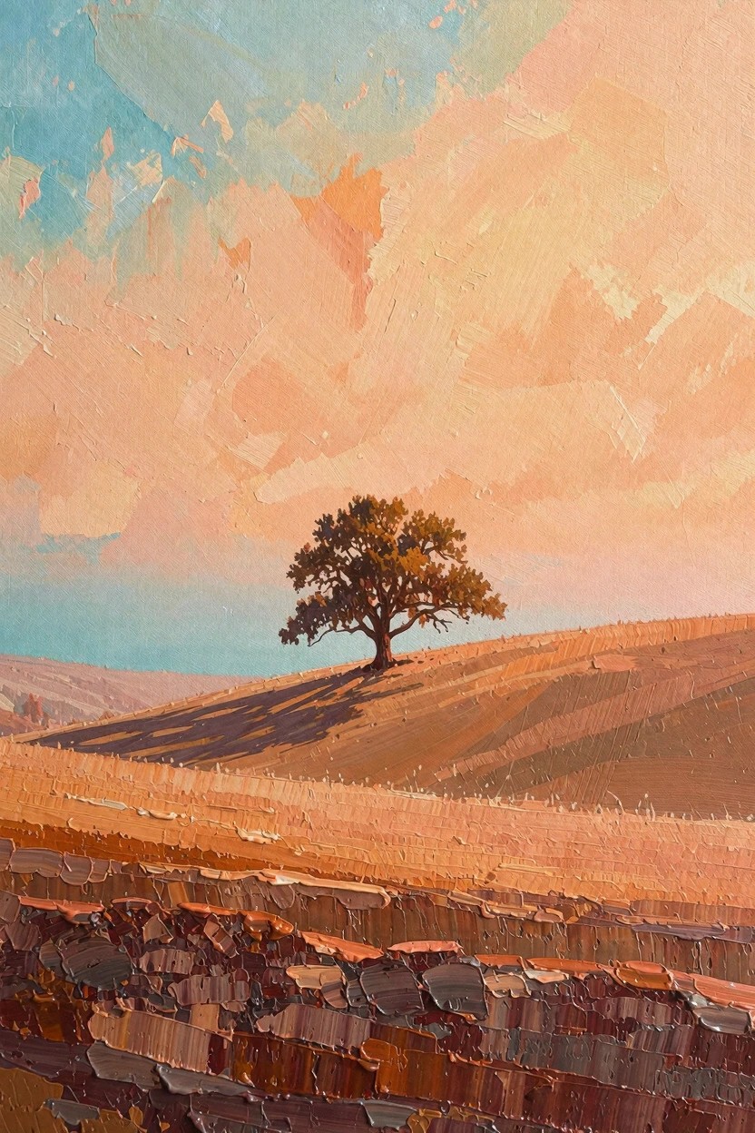 Oil painting of a lone oak tree on textured orange-brown hills under a blue-to-orange sky at sunset.
