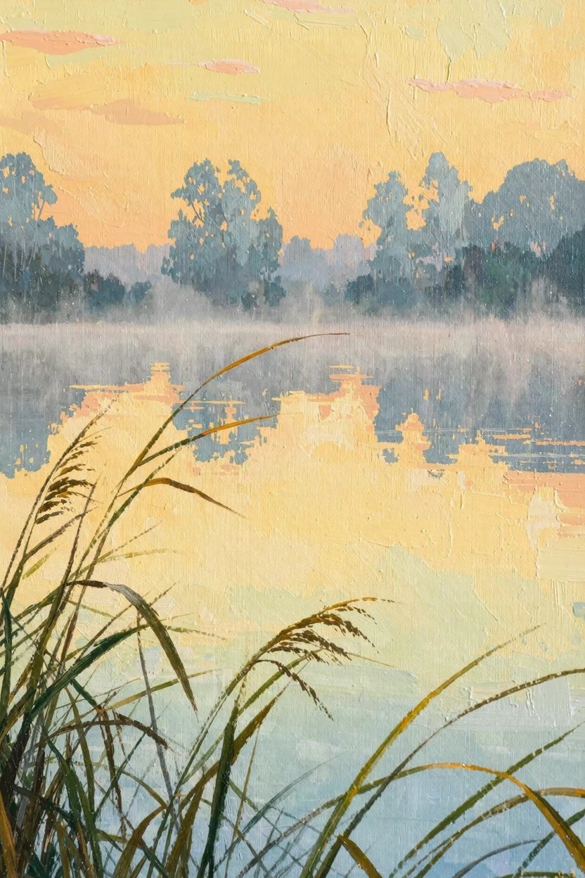 Oil painting of a foggy pond at sunrise with tall reeds in front, reflections on the water, and silhouetted trees under a warm yellow sky.