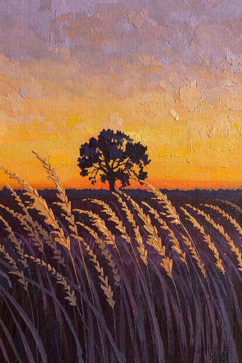 Oil painting of a dark silhouetted tree in golden wheat fields against a textured purple-to-orange sunset sky.
