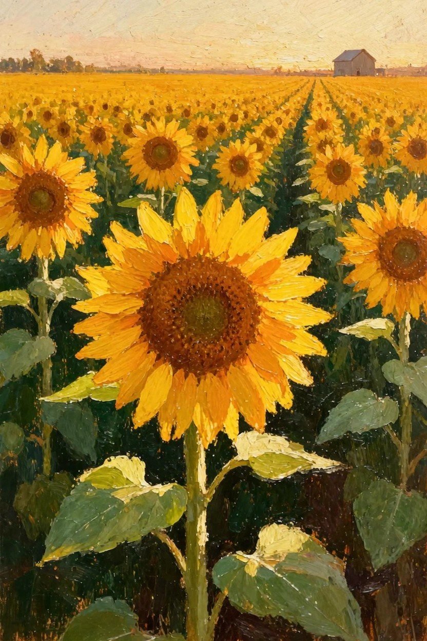 Oil painting of sunflowers in rows across a field at sunset with a barn and trees in the background.