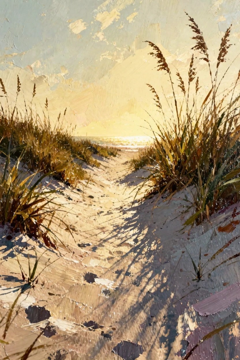 Oil painting of a sandy path through golden sea oats dunes toward a sunlit beach at sunset with textured shadows.