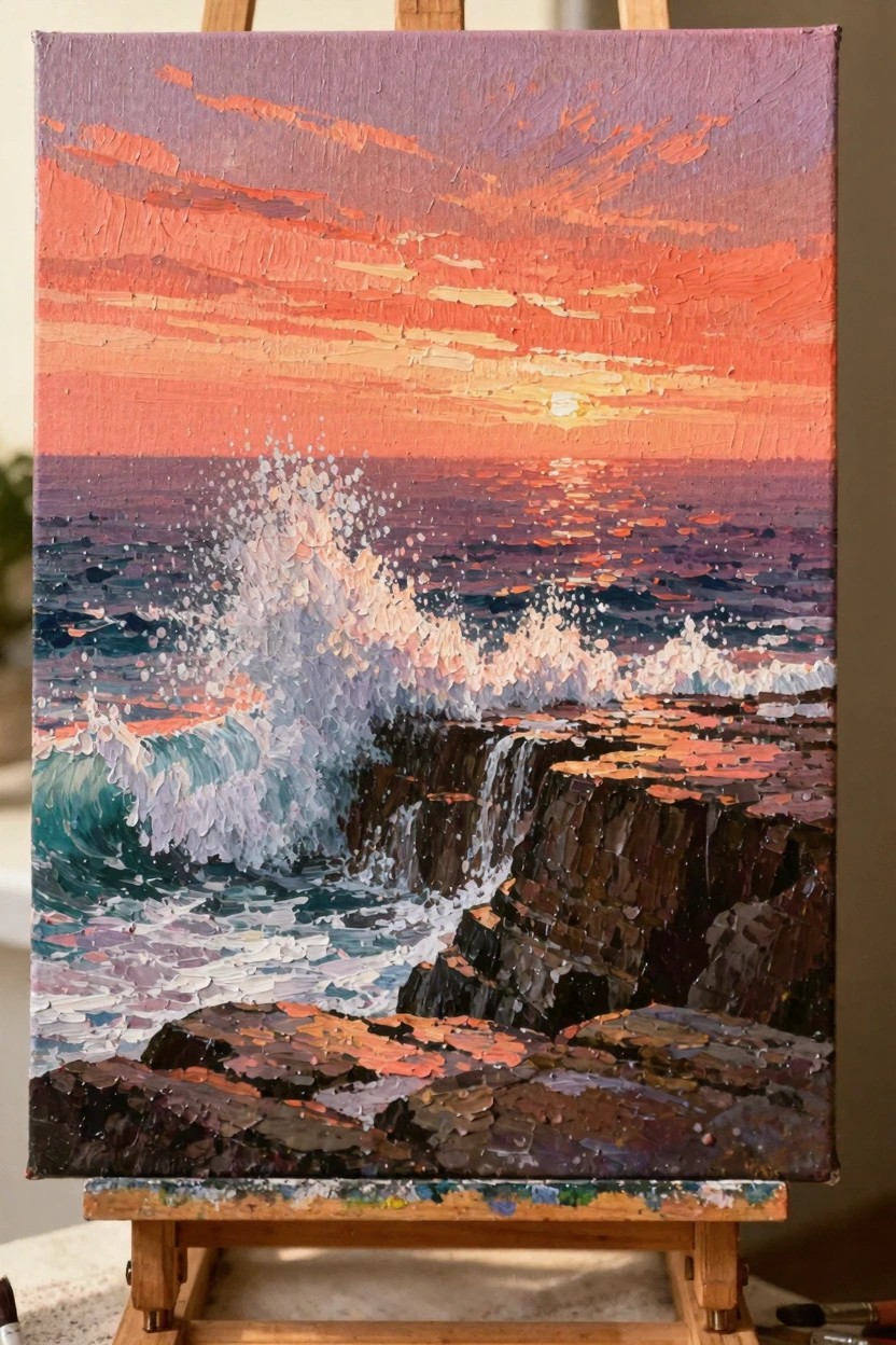 Oil painting on an easel showing a sunset over ocean waves crashing on rocky cliffs with thick textured paint.