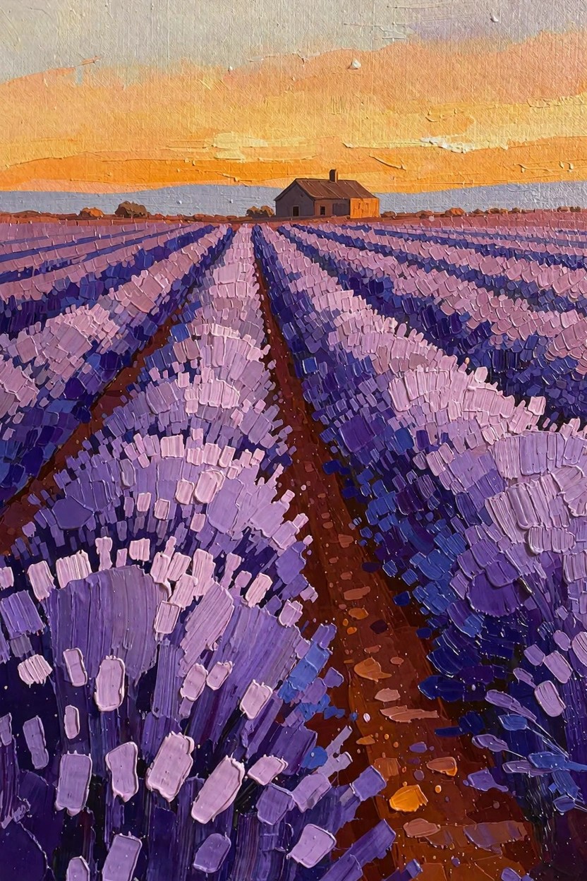 Oil painting of rows of purple lavender fields with a dirt path leading to a rustic cabin under an orange and yellow sunset sky.