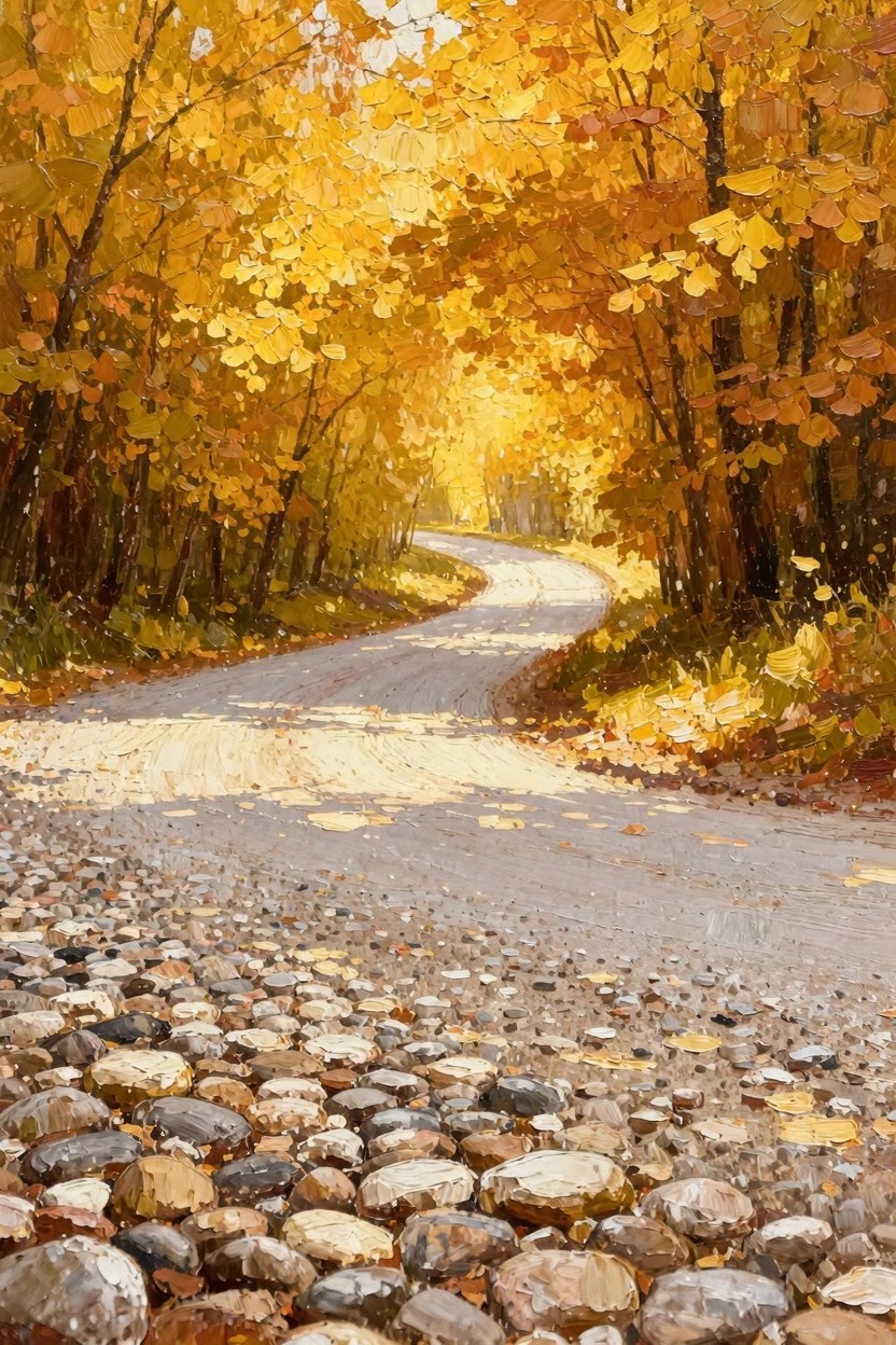 Oil painting of a curving gravel road winding through sunlit golden autumn birch trees with textured pebbles on the ground.