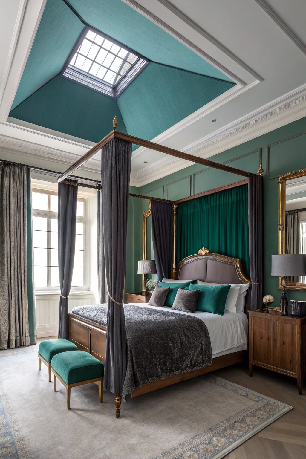 Elegant bedroom featuring a four-poster bed, green accents, gray curtains, and skylight.