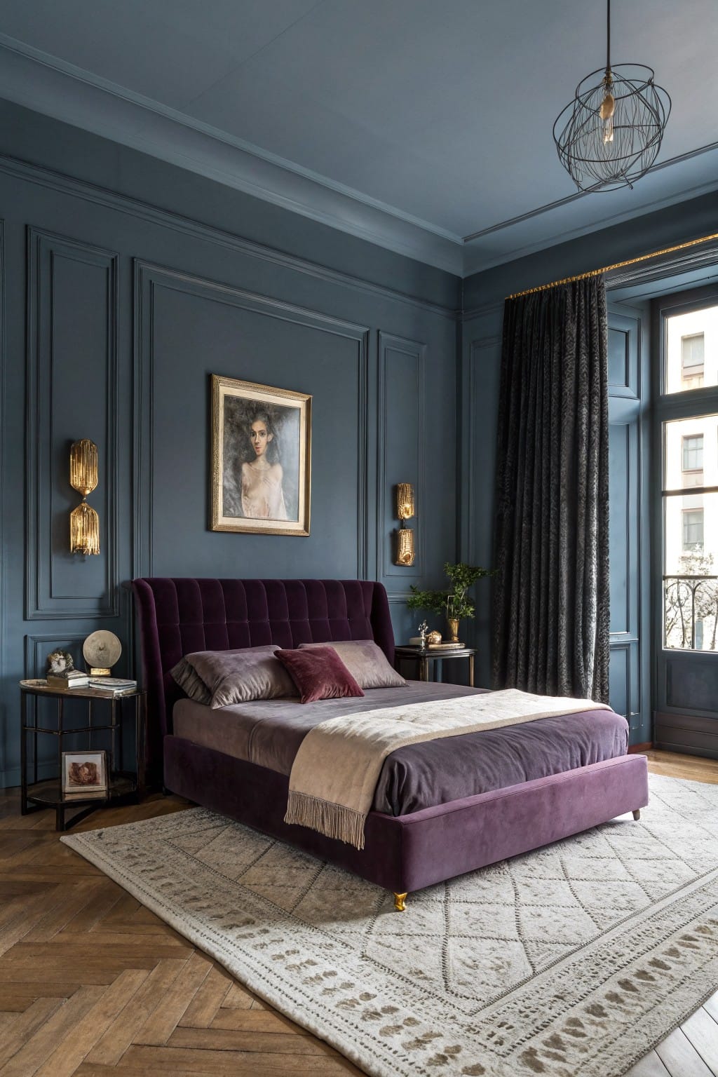 Cozy bedroom featuring deep navy blue paneled walls, plush purple velvet bed, gold wall sconces, and large curtained windows over hardwood floors