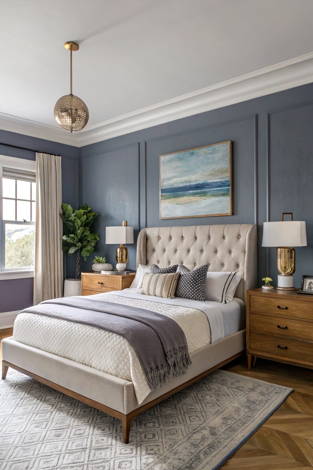 Elegant bedroom with a tufted beige bed, blue wall, artwork, and wooden furniture.