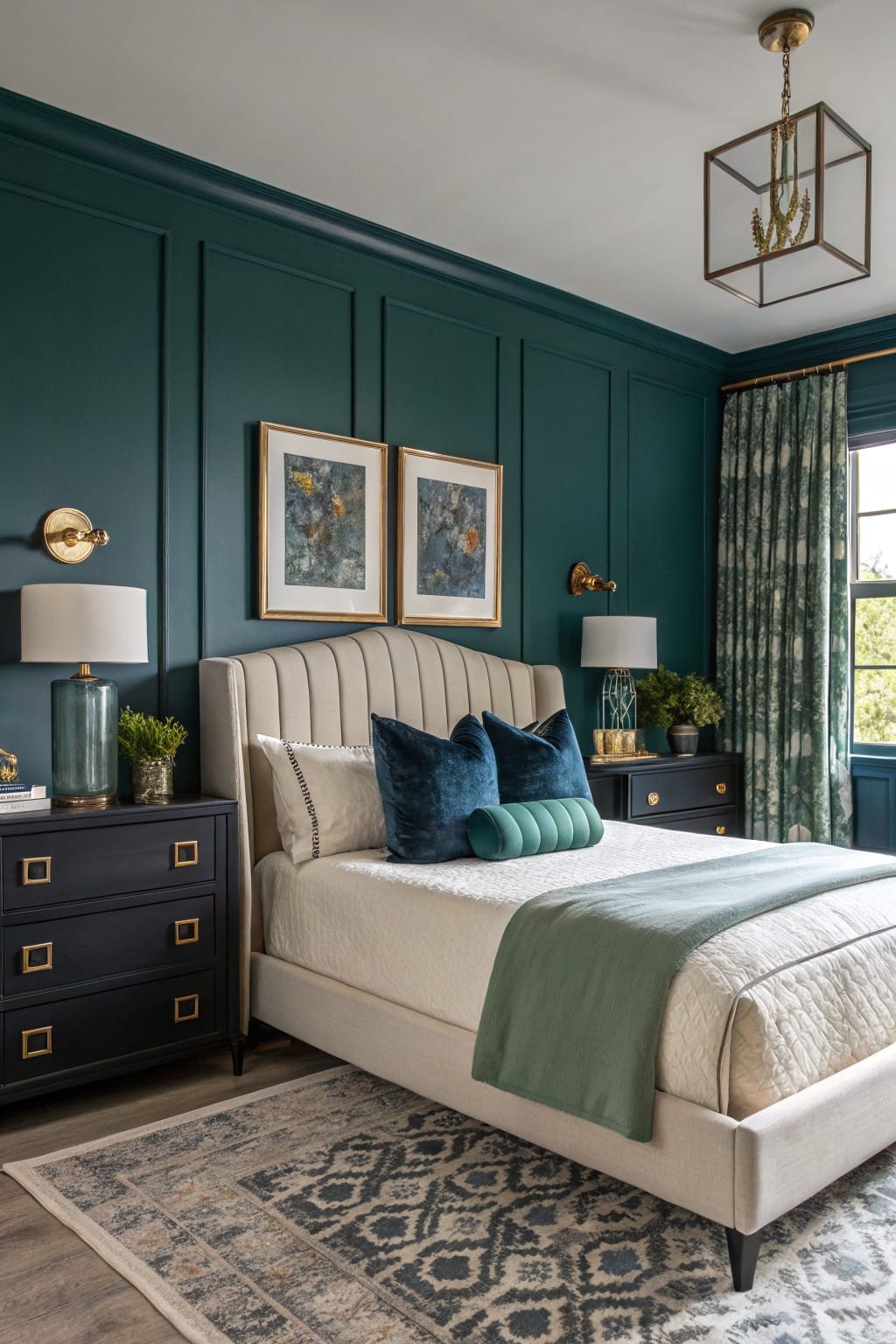Bedroom with deep teal paneled walls, cream tufted bed dressed in white, teal, and green pillows and throws, black dressers, gold sconces and chandelier, and patterned rug