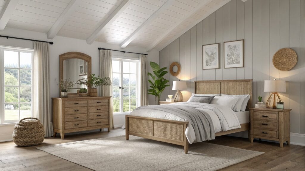 Cozy bedroom featuring soft pale gray shiplap walls, a rattan bed frame with white linens, wood dressers, and a woven pendant light under a white vaulted ceiling