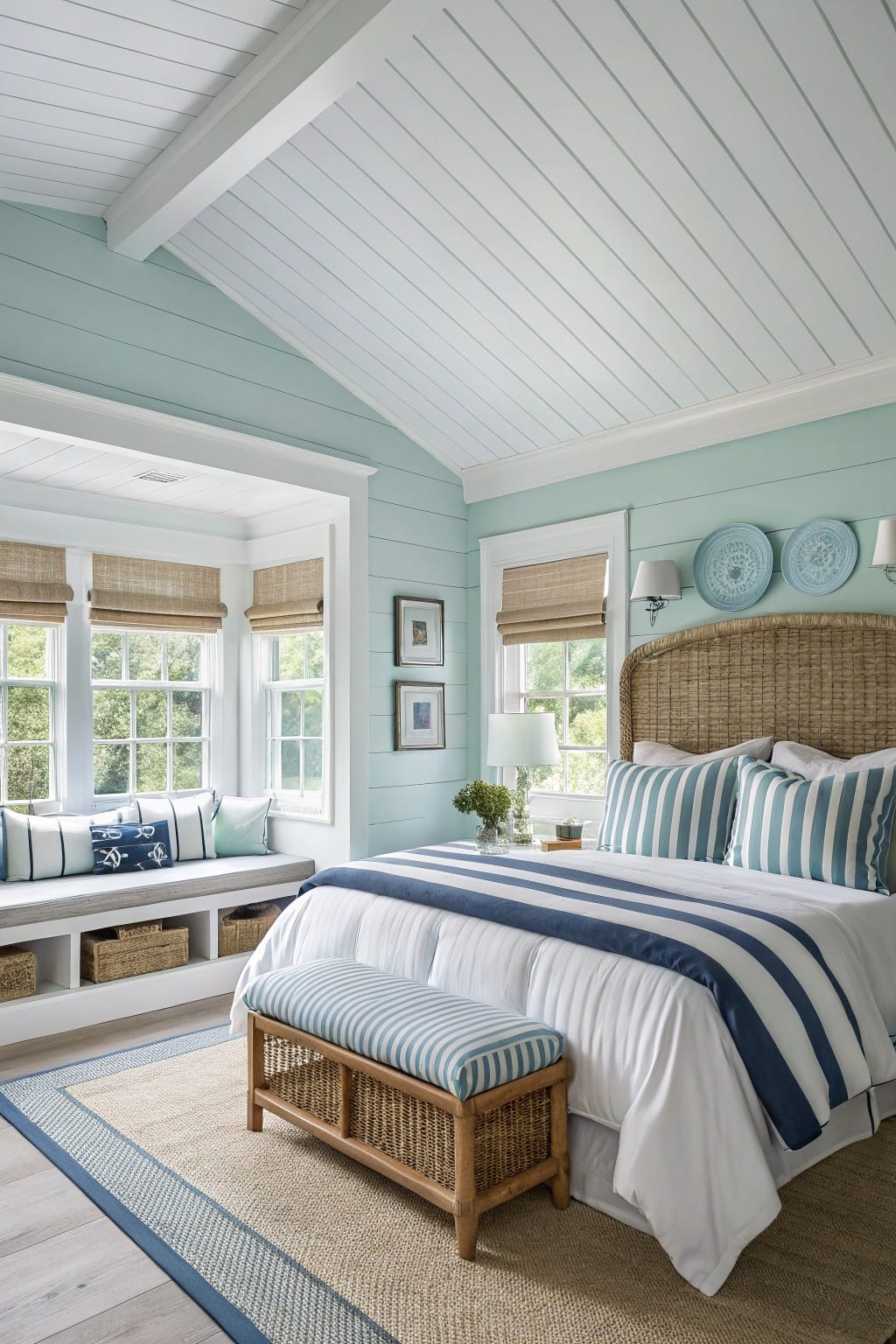 Bedroom featuring pale aqua walls with white shiplap ceiling, rattan bed, striped bedding, window seat, and coastal accents