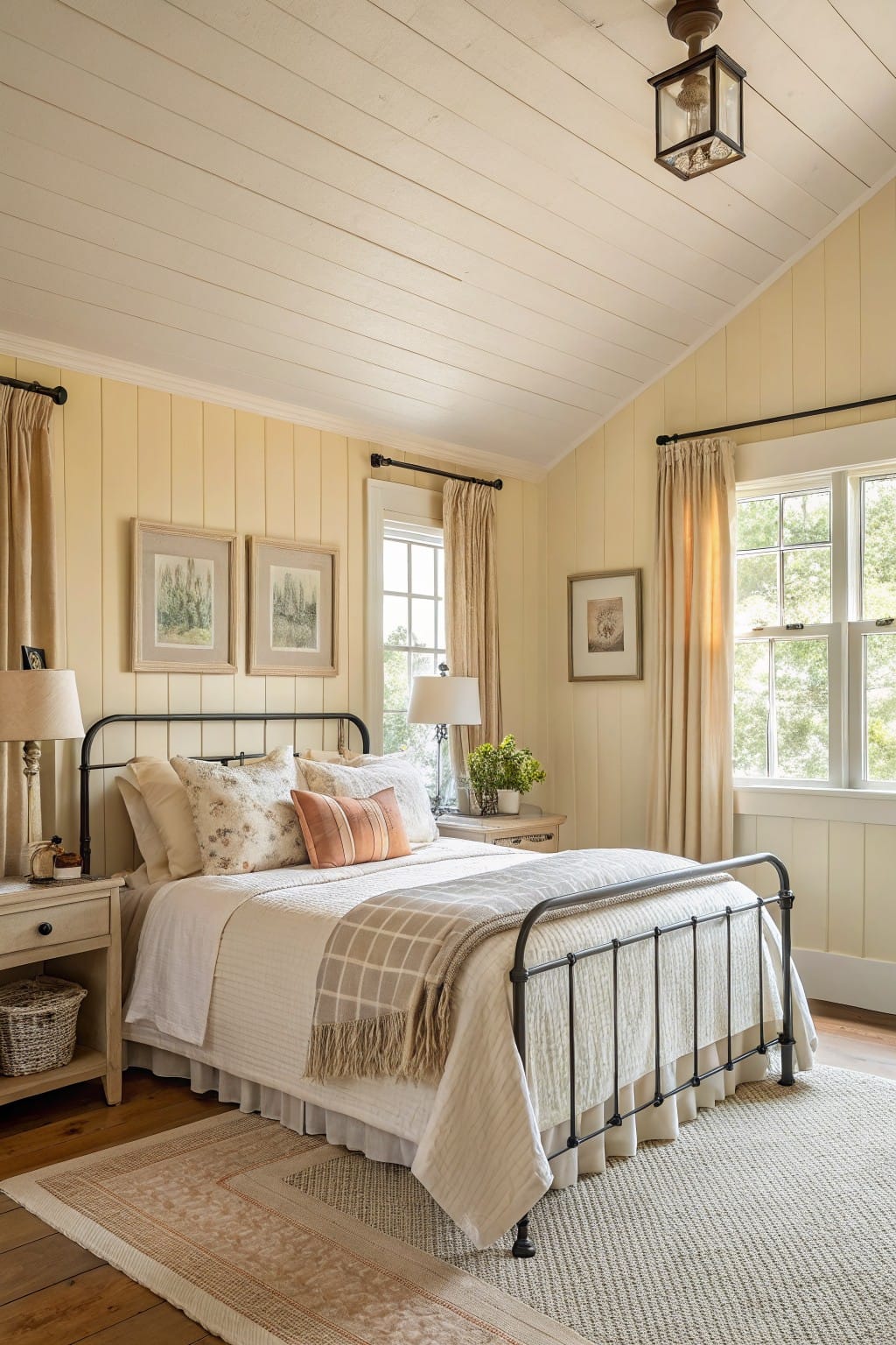 Cozy bedroom with pale yellow shiplap walls, black iron bed dressed in white linens and textured throws, wood nightstands, and soft rug on hardwood floors