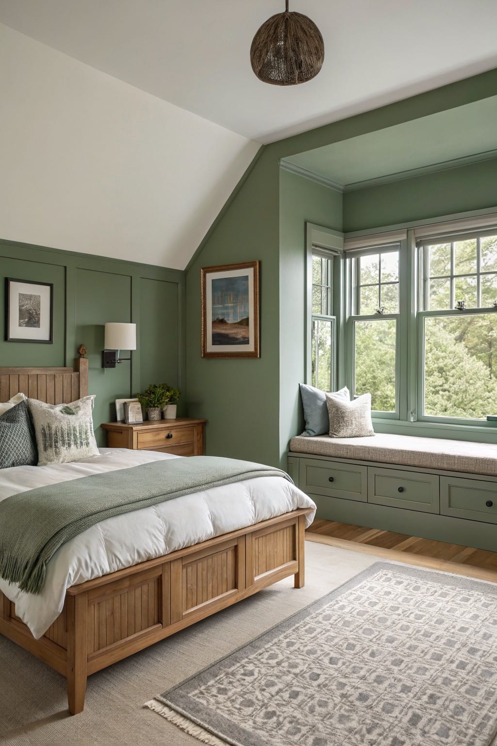 Cozy attic bedroom with sage green walls, wooden bed frame, built-in window seat, and natural wood accents
