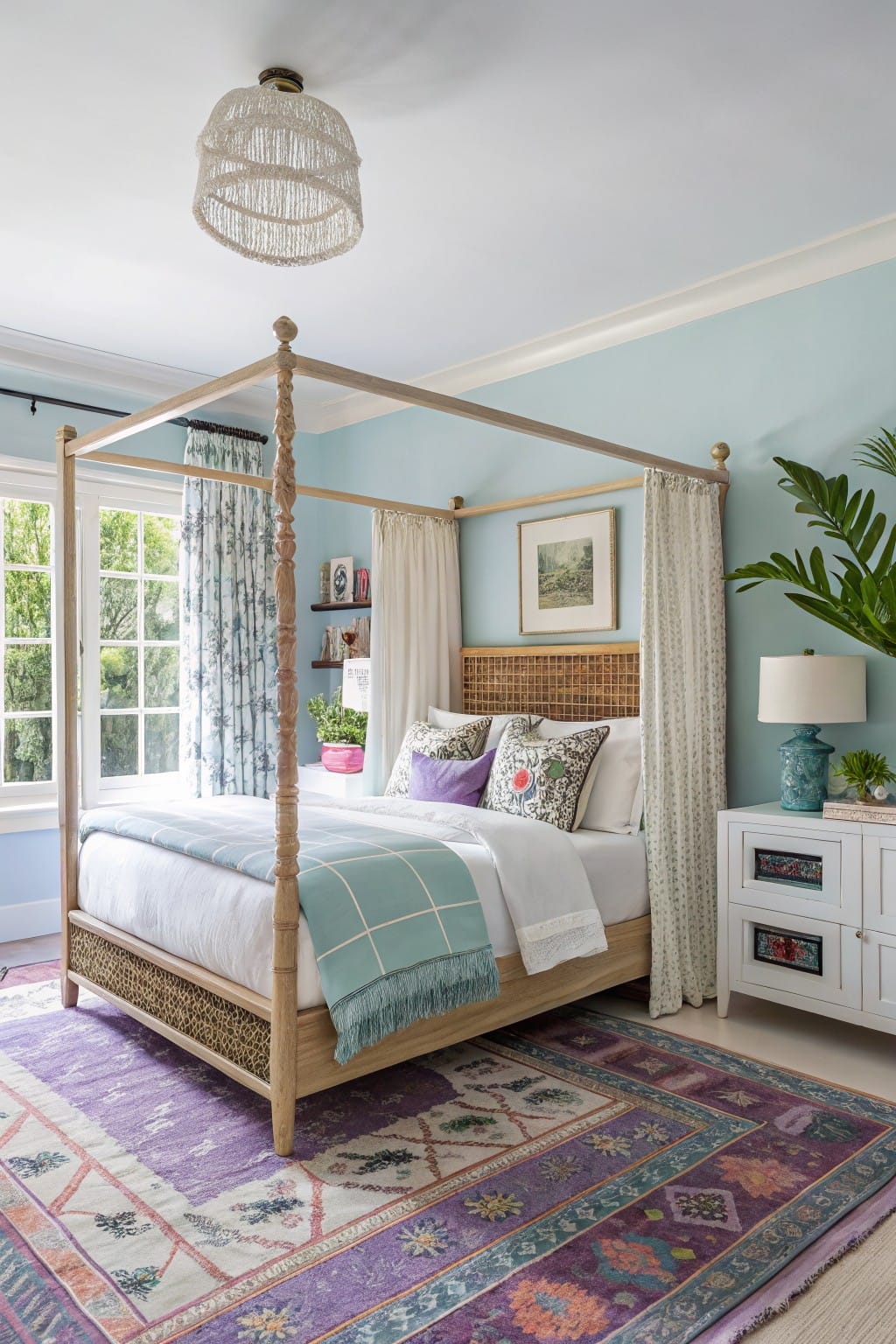 Bedroom with soft blue walls, wooden canopy bed draped in sheer curtains, layered bedding in whites and pastels, colorful pillows, side table with lamp, and patterned purple rug