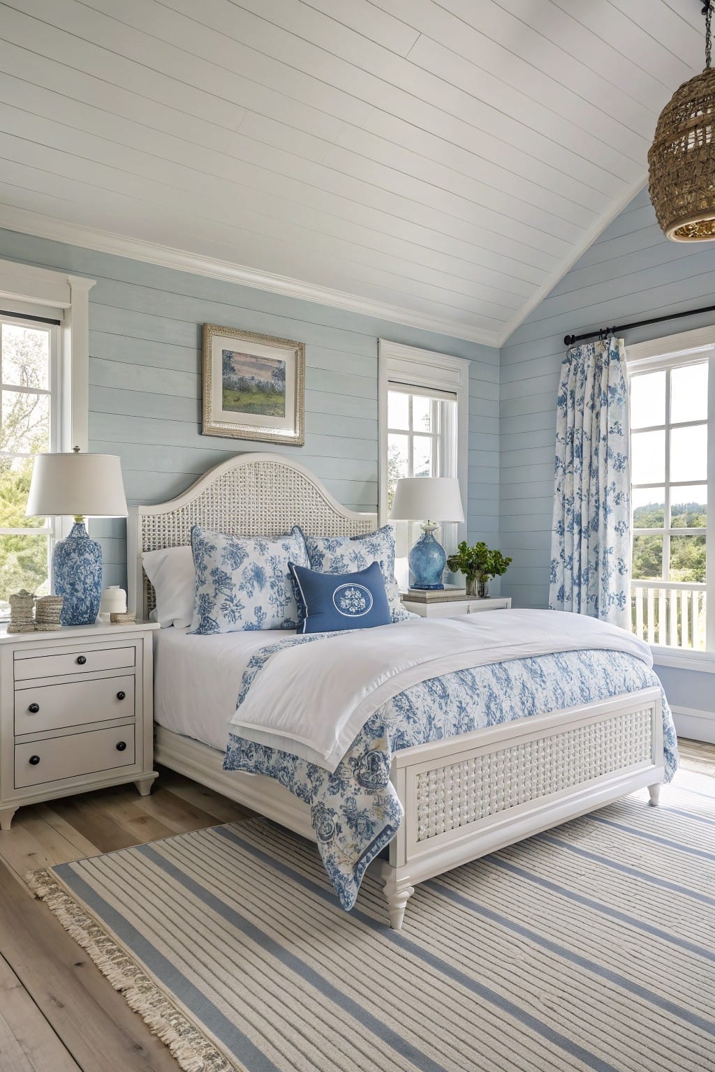 Bedroom with pale blue shiplap walls, white rattan bed dressed in blue floral linens, white nightstands with blue ginger jars, and large windows with blue floral curtains overlooking green landscape