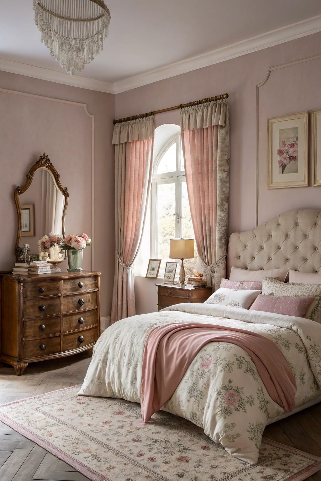 Bedroom with pale blush pink walls, antique wooden dresser topped with flowers and books, tufted beige bed dressed in floral pink bedding, and draped window in matching tones