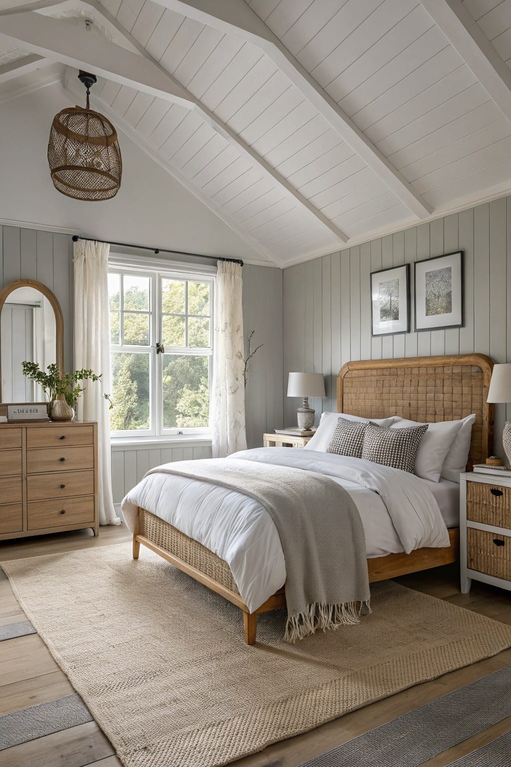 Cozy bedroom featuring soft pale gray shiplap walls, a rattan bed frame with white linens, wood dressers, and a woven pendant light under a white vaulted ceiling