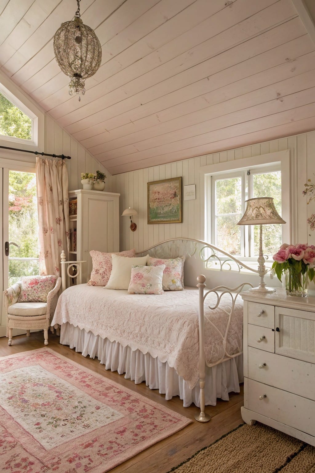 Cozy cottage bedroom featuring soft pale pink walls and ceiling, white shiplap accents, vintage iron daybed with lace bedding, and potted plants near sunny windows