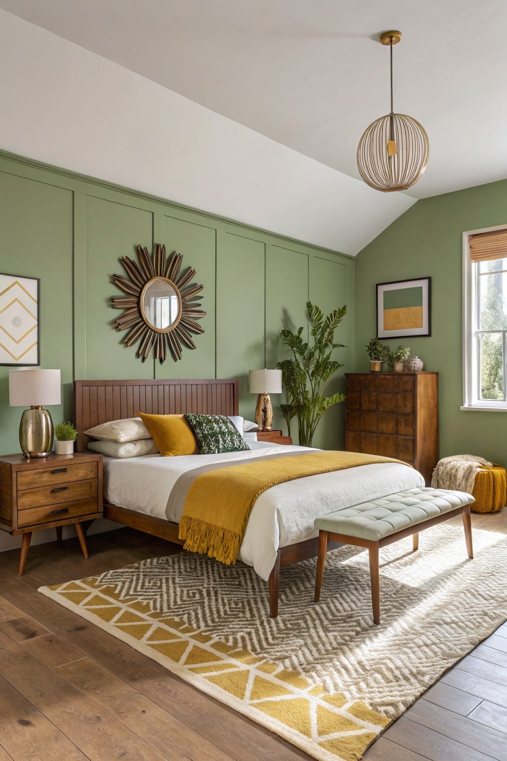 Bedroom with pale sage green paneled walls, wood bed and furniture, yellow bedding accents, and woven rug