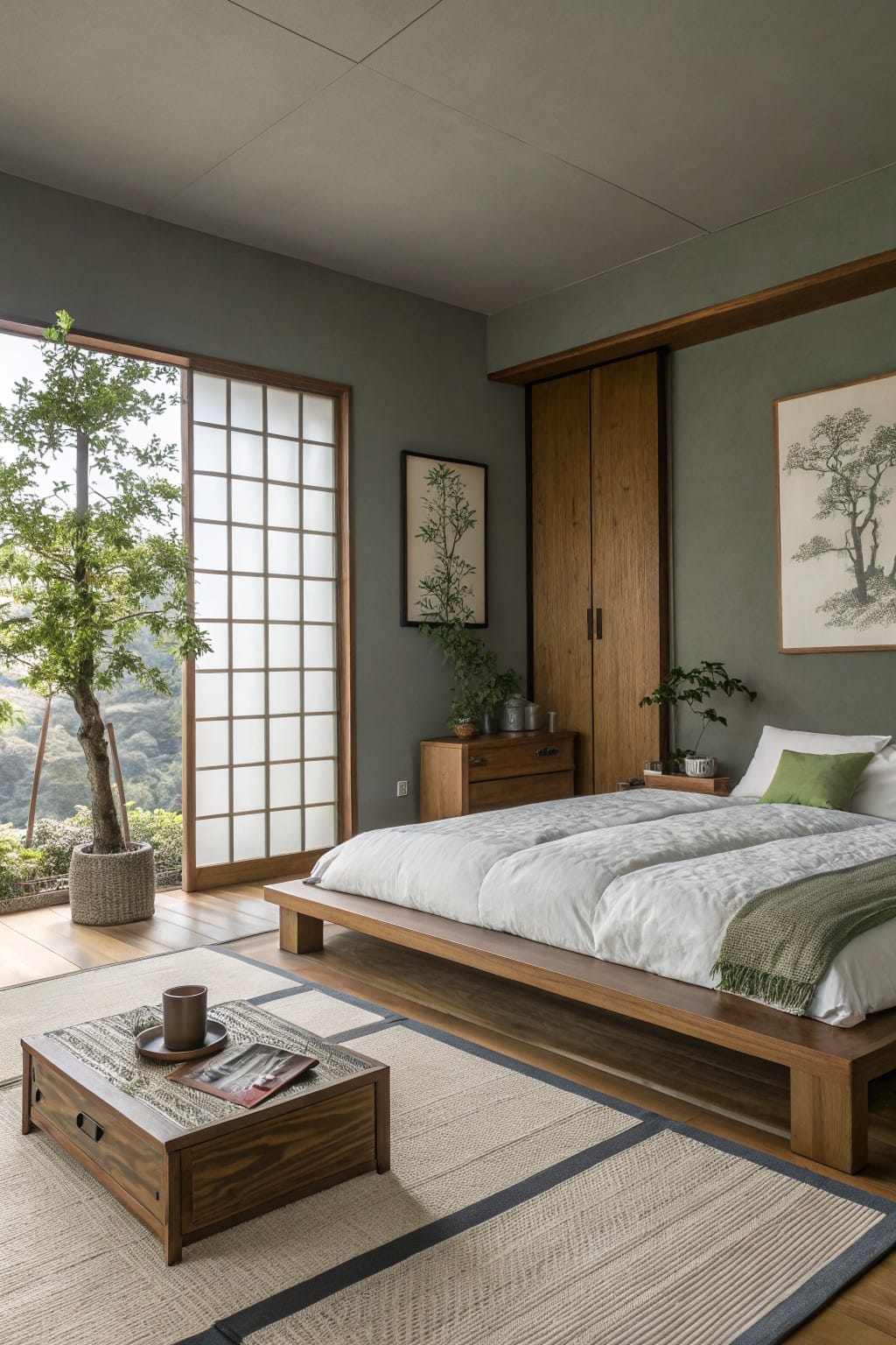 Modern bedroom featuring a wooden bed, plants, and a stylish coffee table.