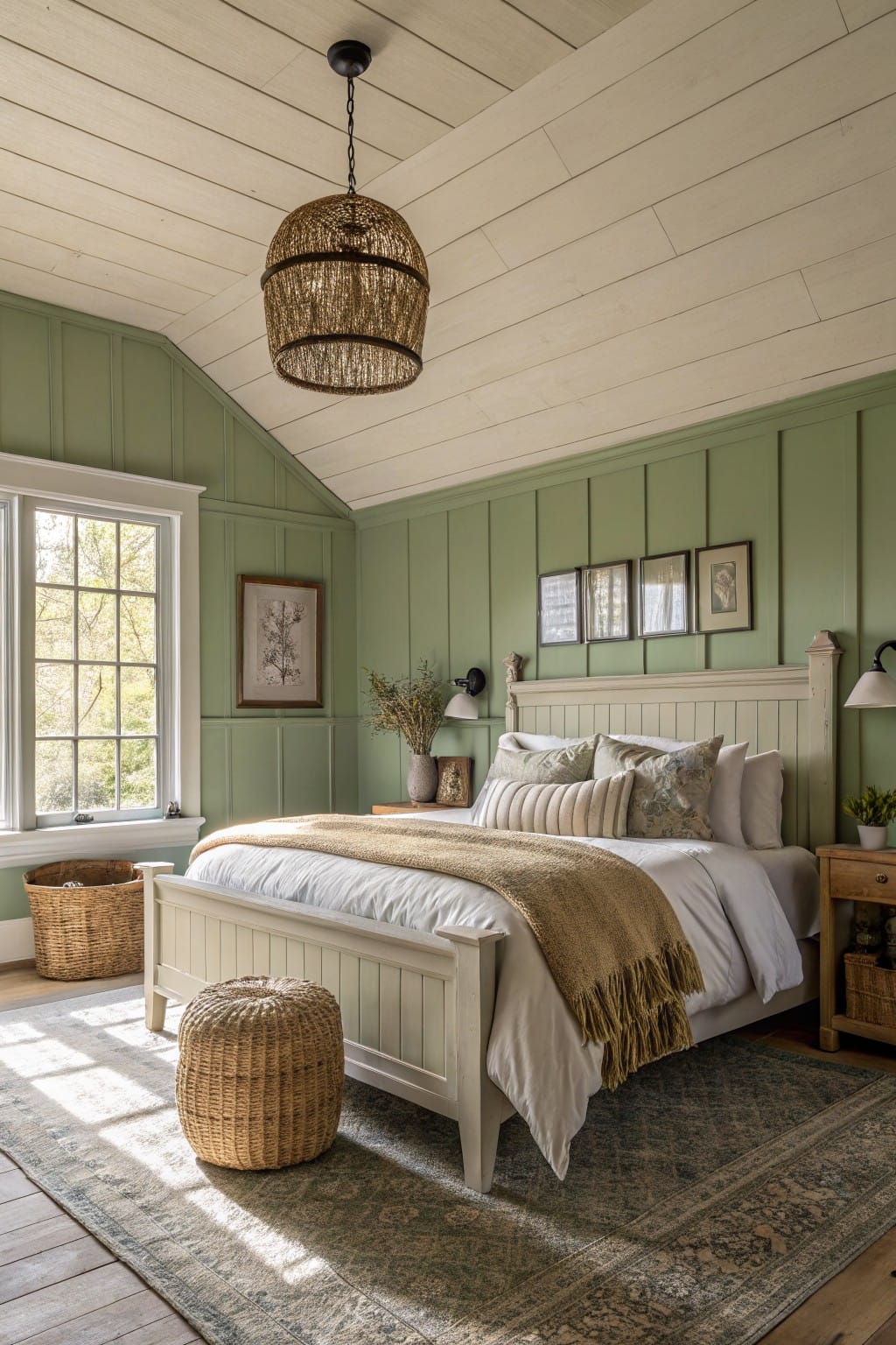 Bedroom with soft sage green paneled walls, white wooden bed draped in neutral linens and throws, rattan pendant light, wicker accents, and hardwood floors under a Persian-style rug