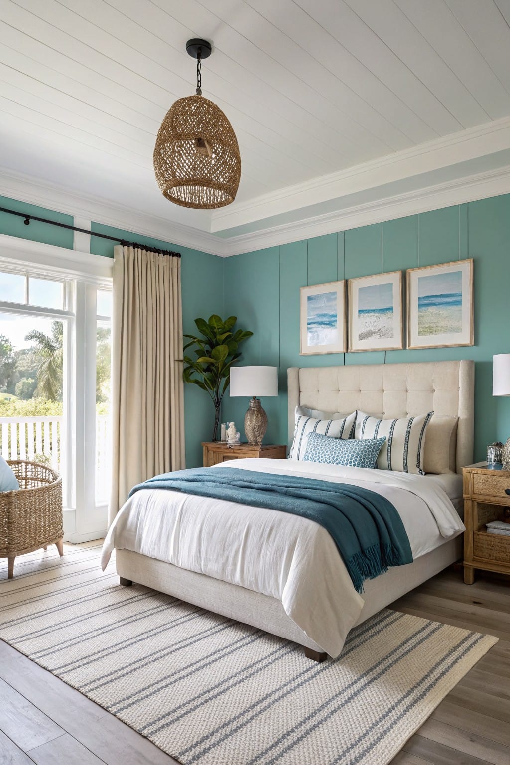 Cozy bedroom featuring soft teal accent wall behind a white upholstered bed, layered with neutral linens and a blue throw, flanked by wood nightstands and coastal artwork