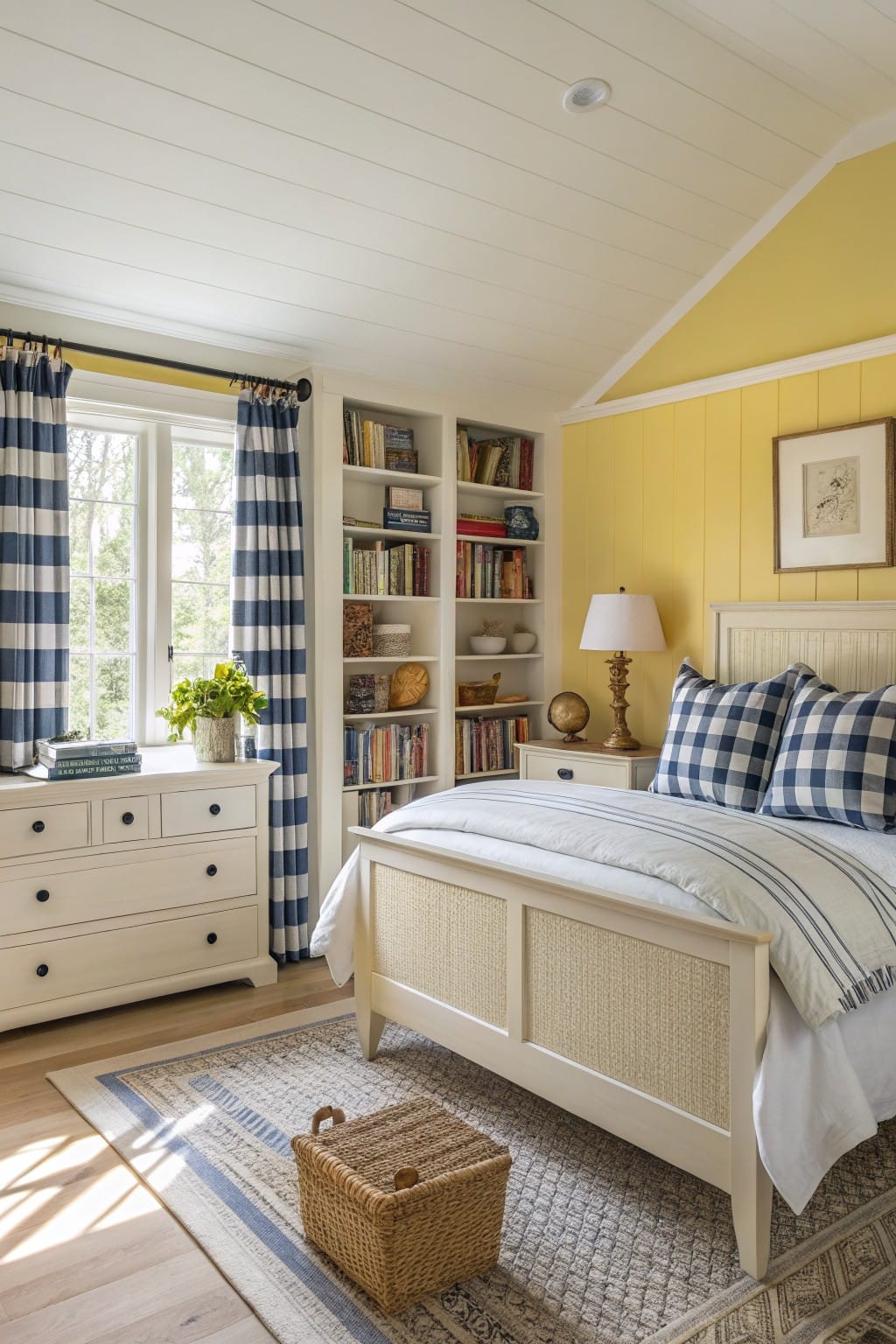 Cozy bedroom featuring soft pale yellow paneled walls, white shiplap ceiling, navy blue striped curtains, white rattan bed, and bookshelves