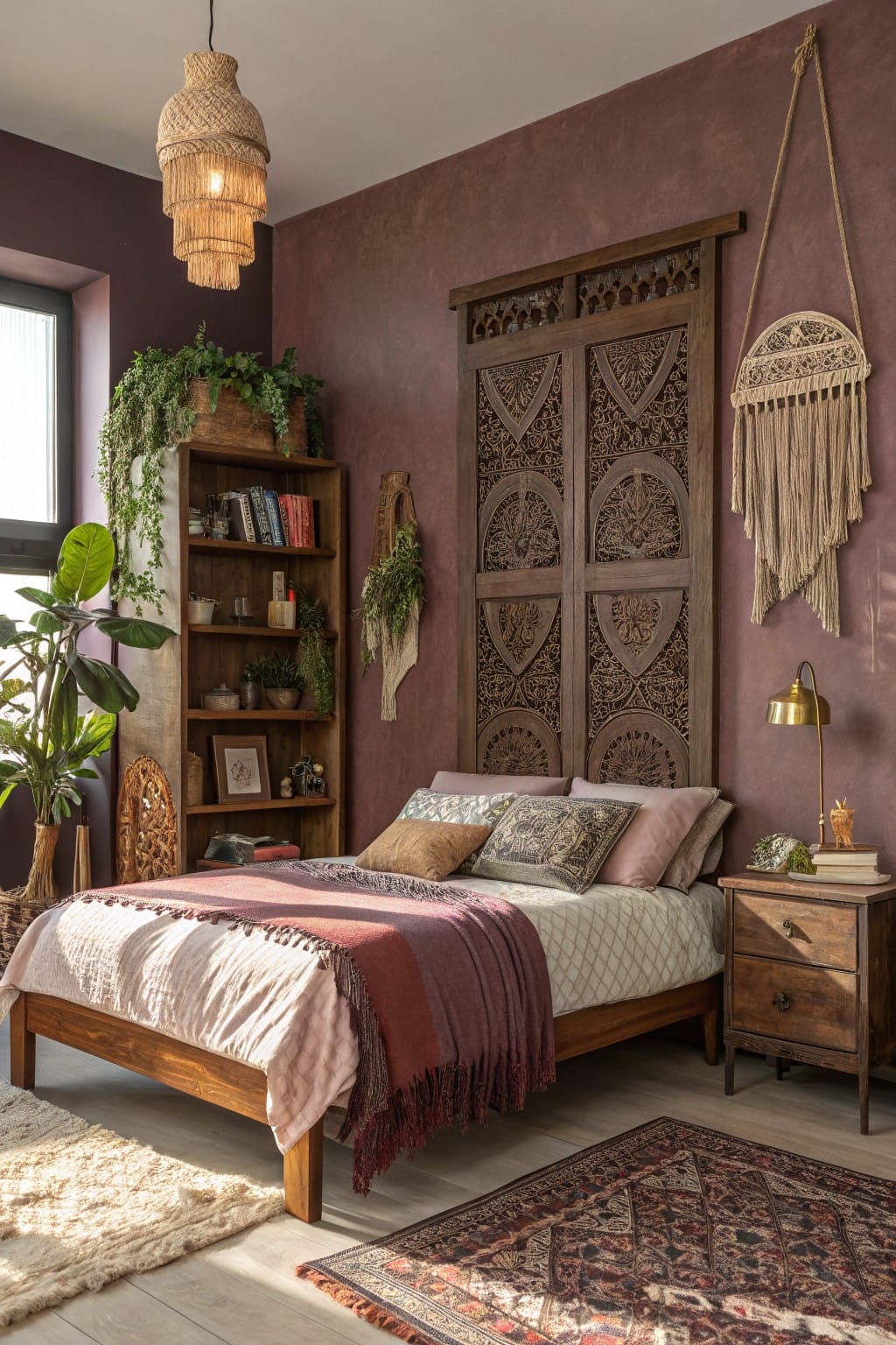 Bedroom with warm mauve textured walls, wooden bookshelf filled with plants and books, carved wood wall hanging, bed with pinkish linens, and layered rugs