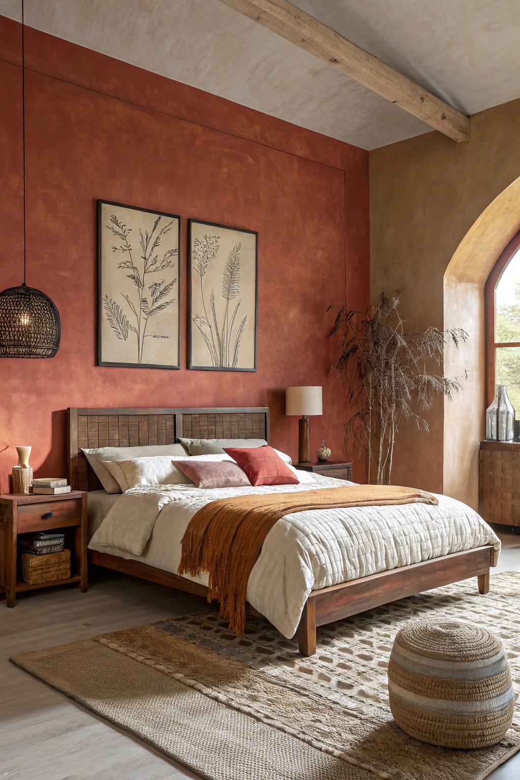 Cozy bedroom featuring a warm terracotta accent wall paired with wooden bed frame, neutral linens, and woven rug
