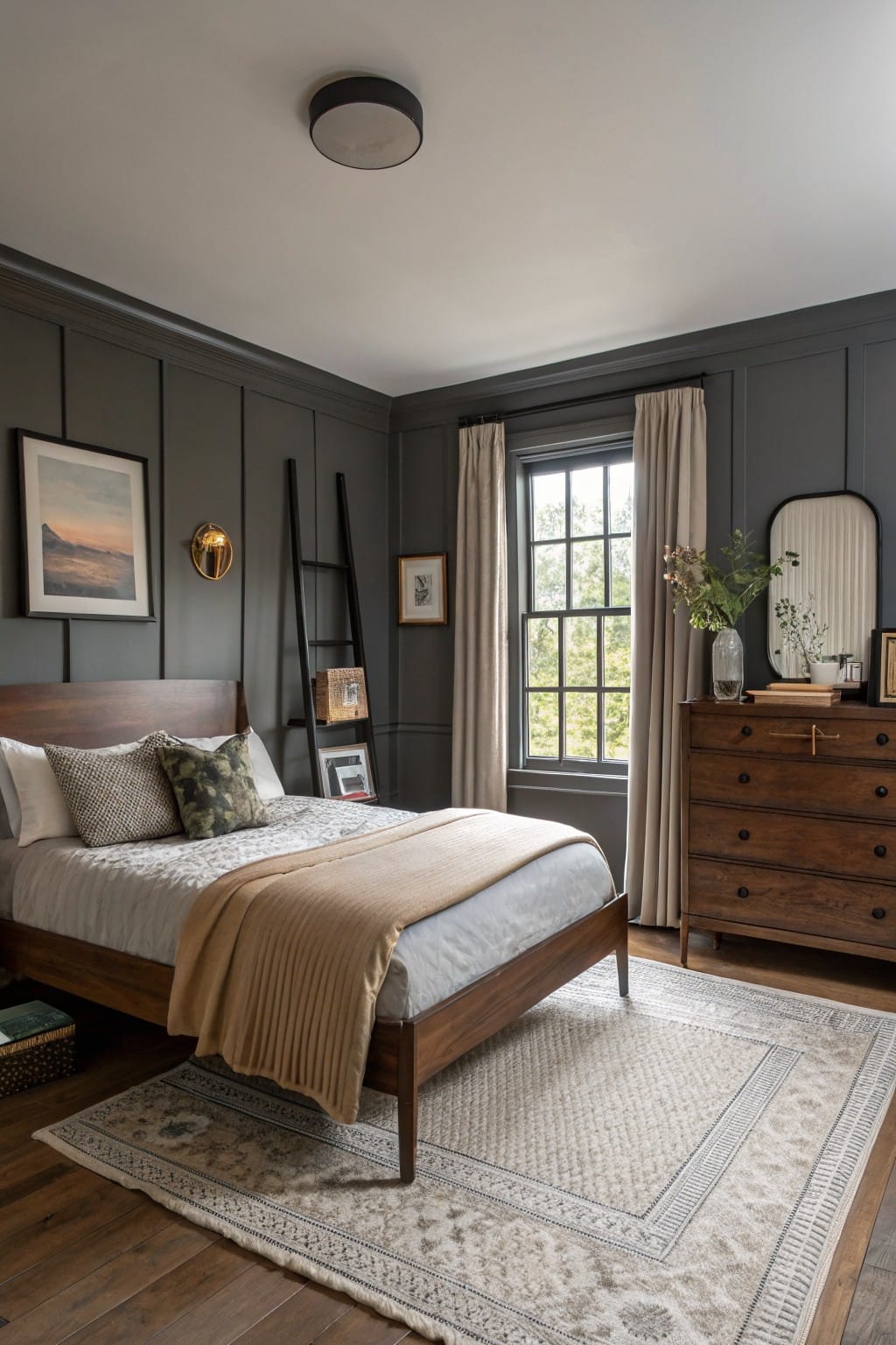 Cozy bedroom featuring deep charcoal gray paneled walls, a wood bed with beige throw, ladder shelf, and large window with cream curtains