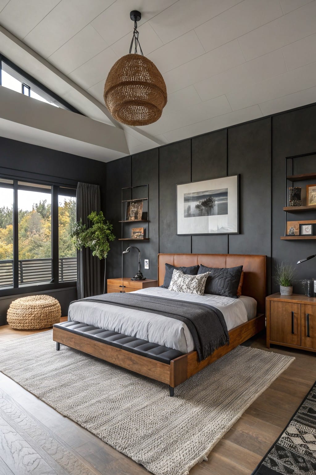 Bedroom featuring deep charcoal gray paneled walls, wooden platform bed with leather accents, woven pendant light, and large windows with wooded view