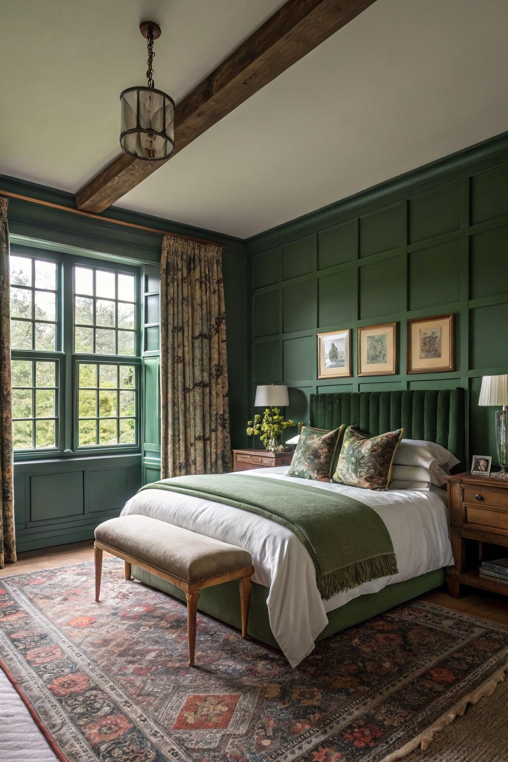 Cozy bedroom featuring deep green paneled walls, tufted green velvet headboard, layered pillows, and wood furniture against a colorful Persian rug