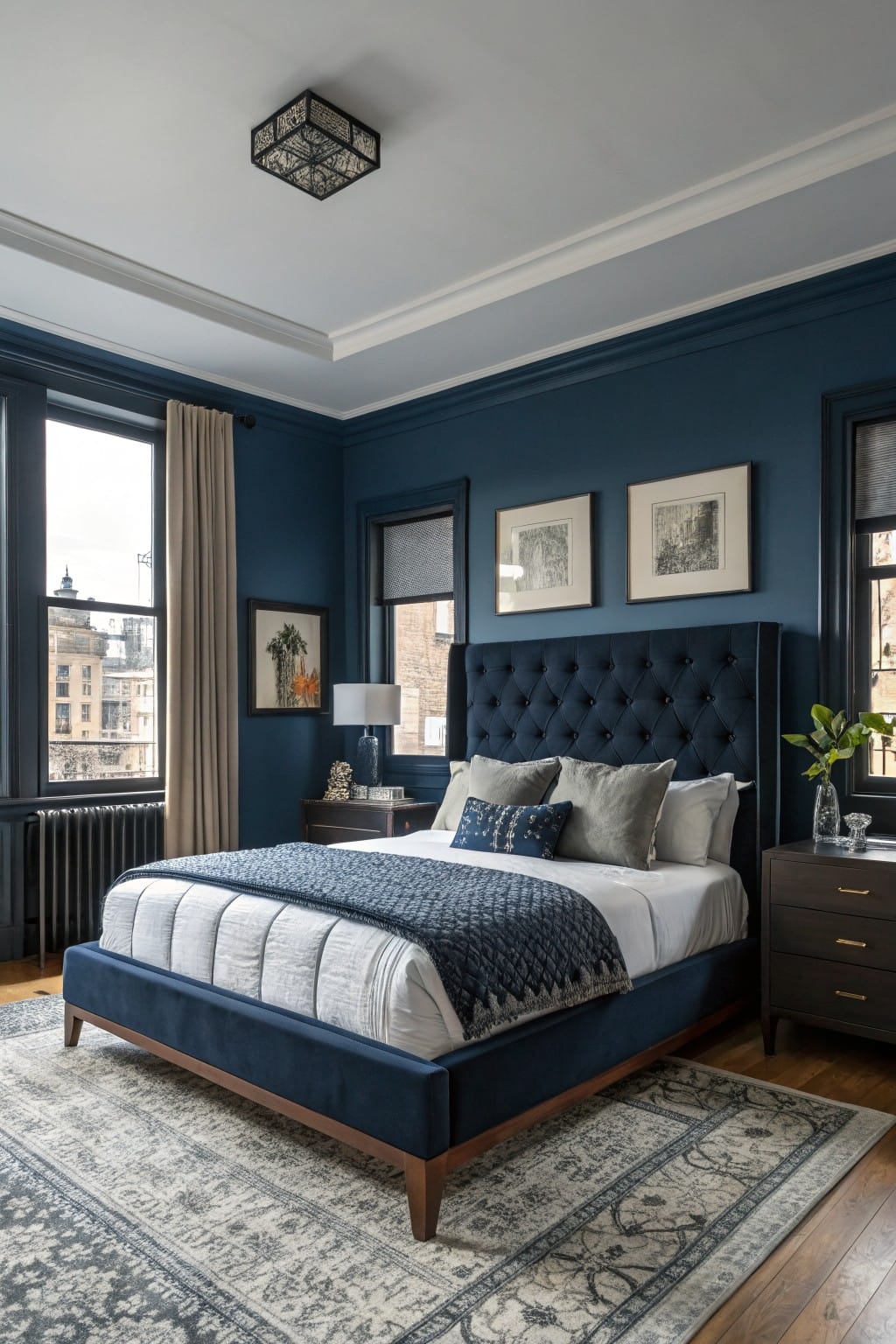Cozy bedroom featuring deep navy walls, tufted velvet bed with neutral bedding, wood nightstands, and large windows overlooking city buildings