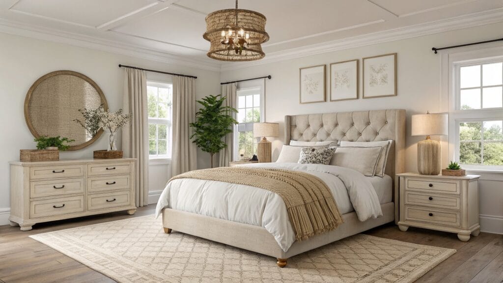 Cozy bedroom featuring warm greige walls, tufted beige bed, rattan chandelier, gold-framed tree artwork, and large window with cream drapes