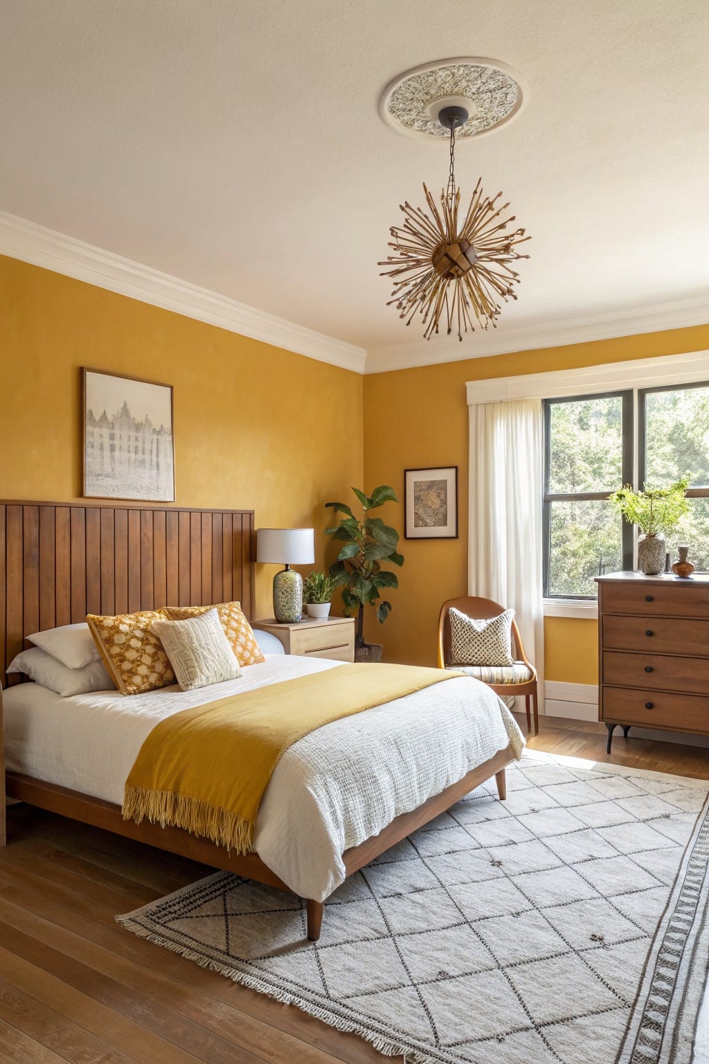 Bedroom featuring warm mustard yellow walls accented by wooden furniture, a plush bed with yellow throw, and large windows with sheer curtains
