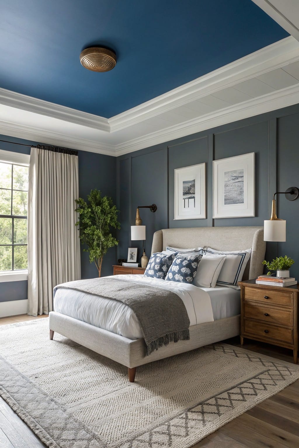 Cozy bedroom with blue ceiling, gray walls, a bed, and decorative art.