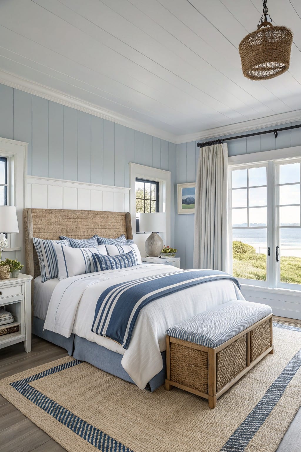 Cozy bedroom featuring pale blue shiplap walls, white trim, rattan headboard and bench, blue-striped bedding, and large windows overlooking the ocean.