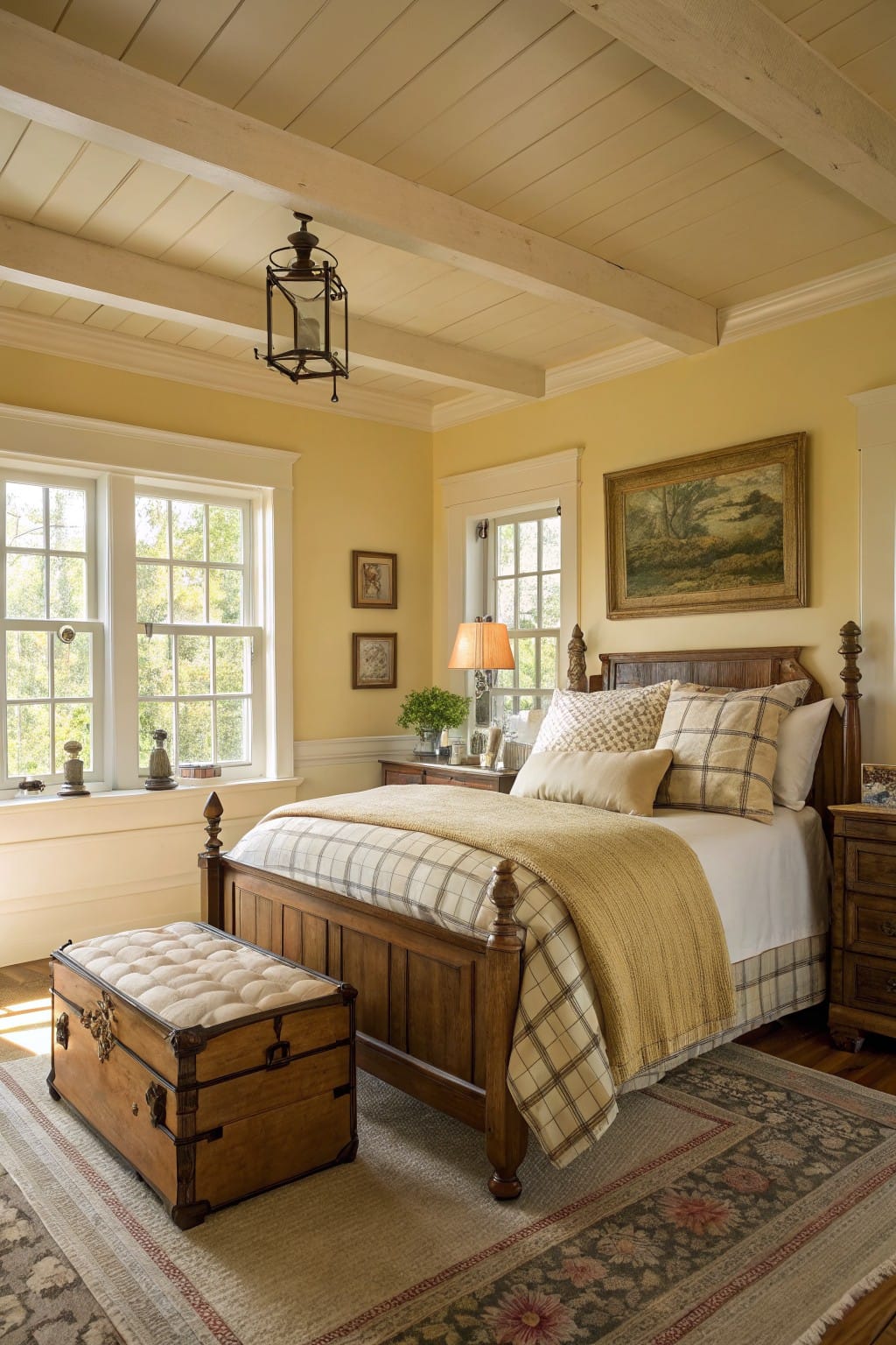 Cozy bedroom featuring pale butter yellow walls and ceiling beams, paired with a wooden poster bed, plaid bedding, and hardwood floors