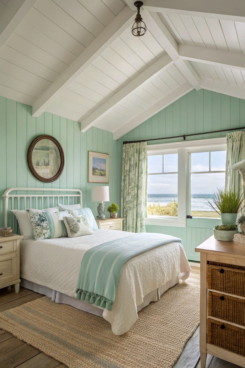 Cozy bedroom featuring pale mint green shiplap walls, white iron bedframe with layered bedding, ocean-view windows with cream drapes, and simple wood furniture
