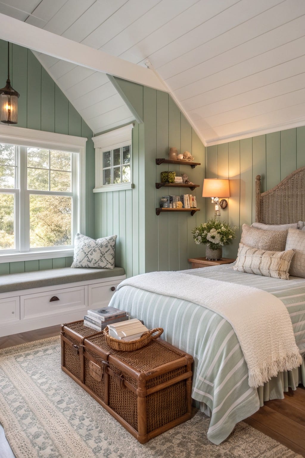 Cozy attic bedroom featuring pale sage green shiplap walls, white board-and-batten ceiling, window seat with cushions, wicker headboard, striped bedding, wooden trunk, and soft lighting