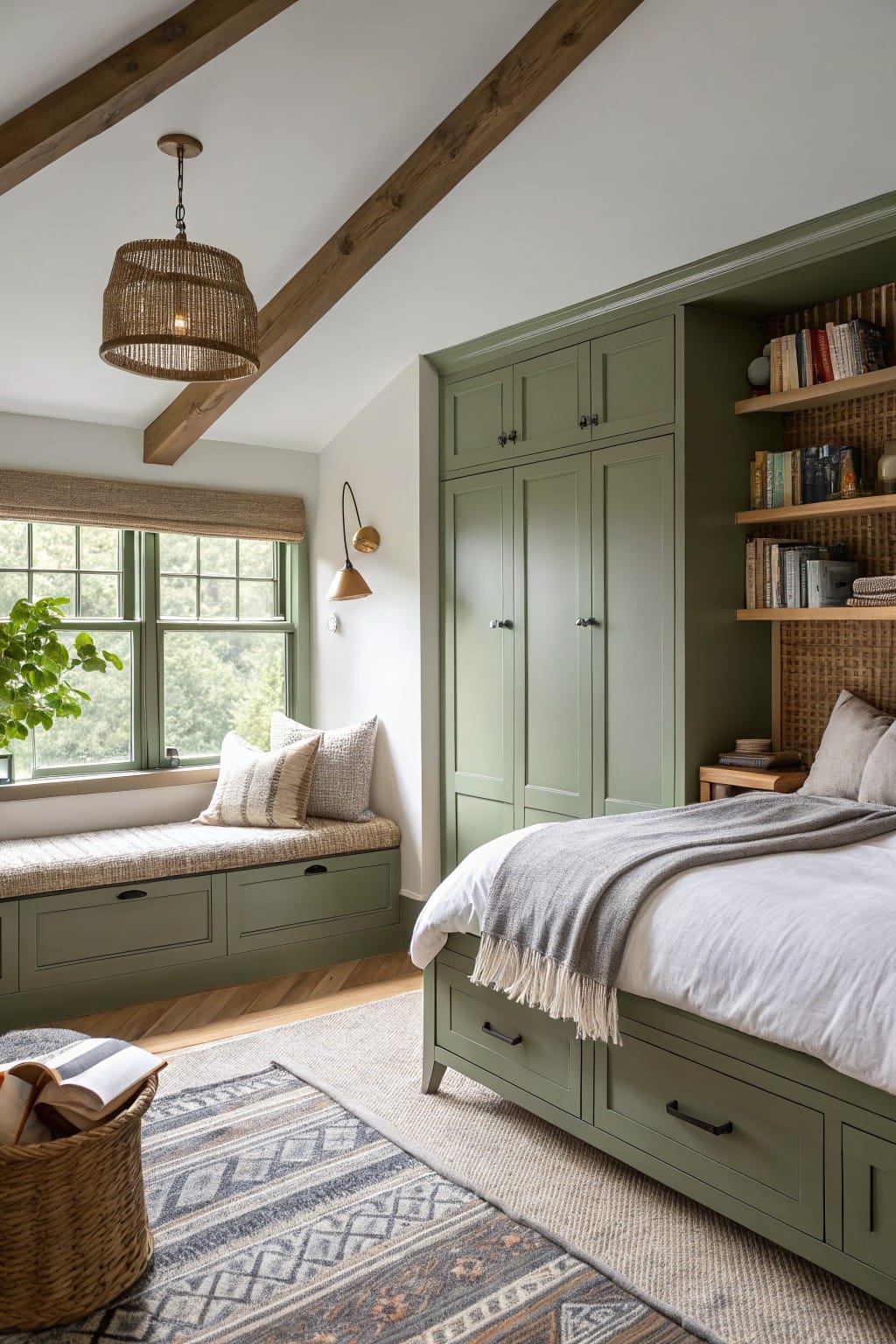 Cozy bedroom featuring green cabinetry, a window seat, textured bedding, and warm wood accents.