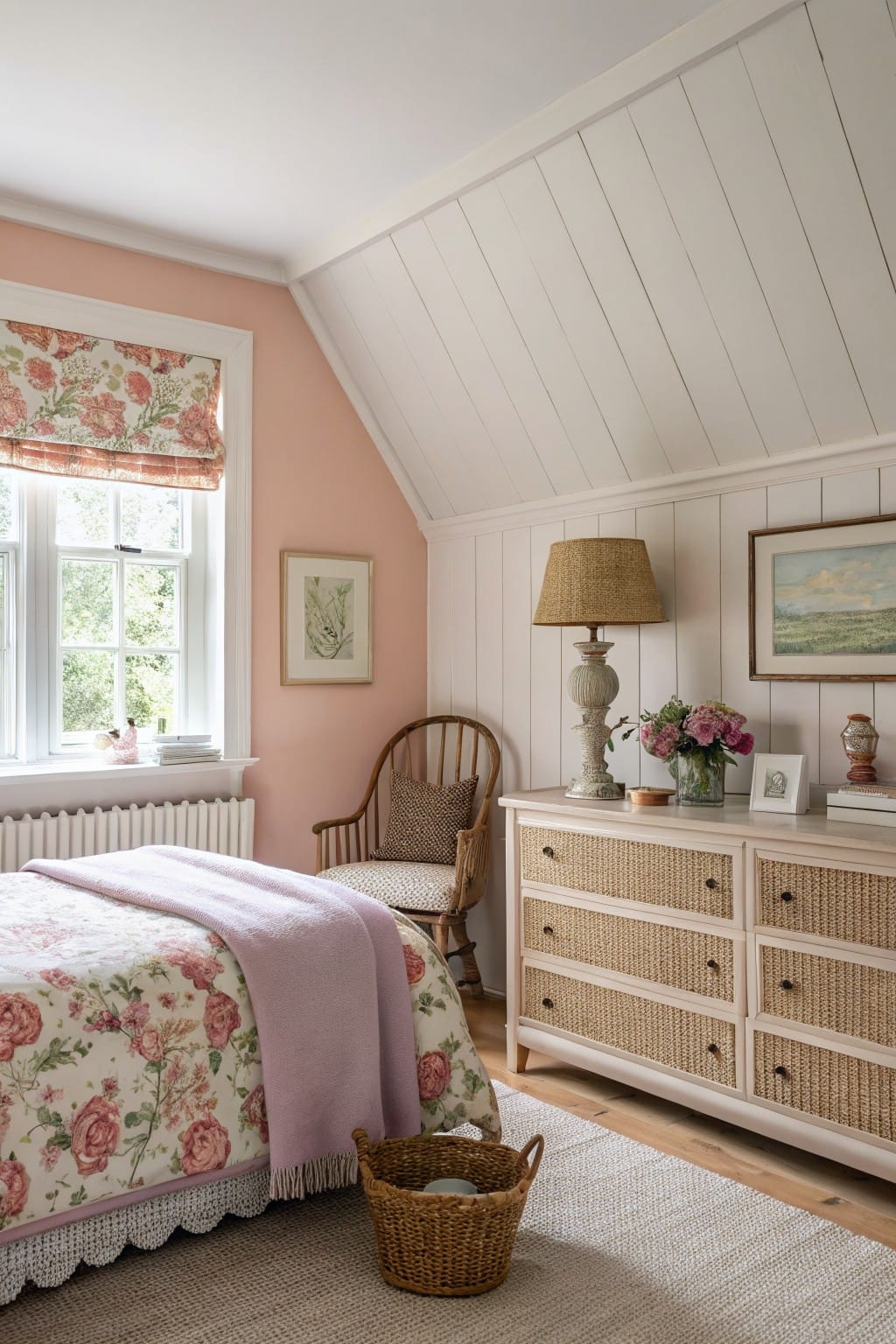 Cozy attic bedroom featuring soft blush pink walls accented by white shiplap paneling, a rattan dresser, floral bedding, and a window with natural light