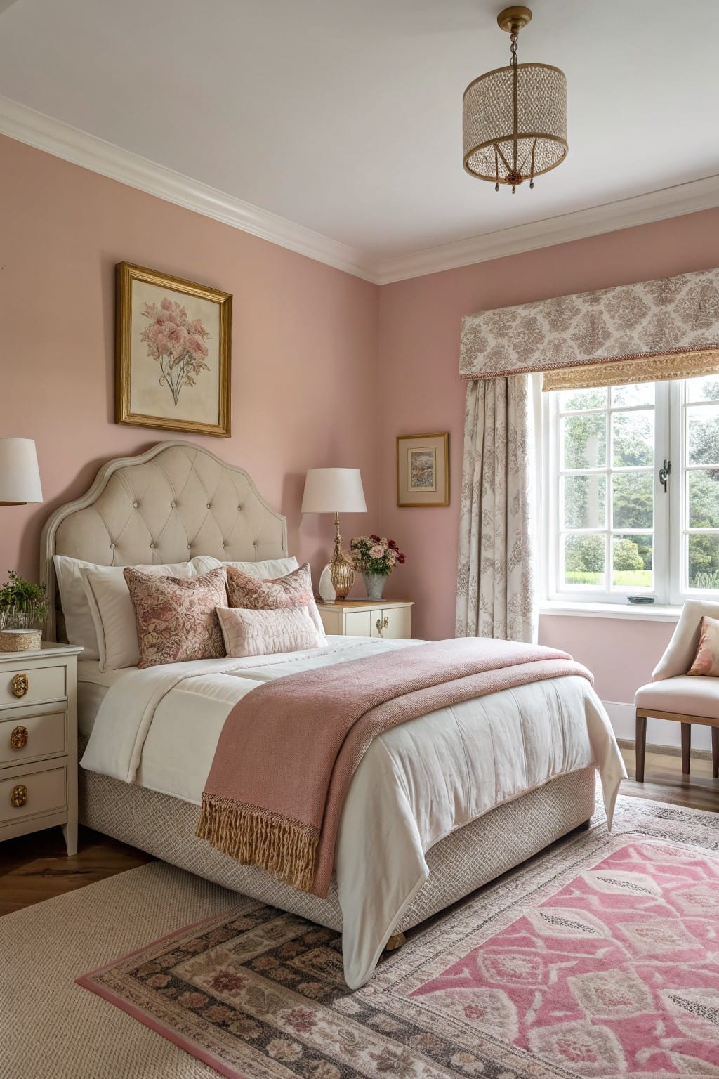 Cozy bedroom with soft blush pink walls, tufted cream headboard, and layered pink textiles