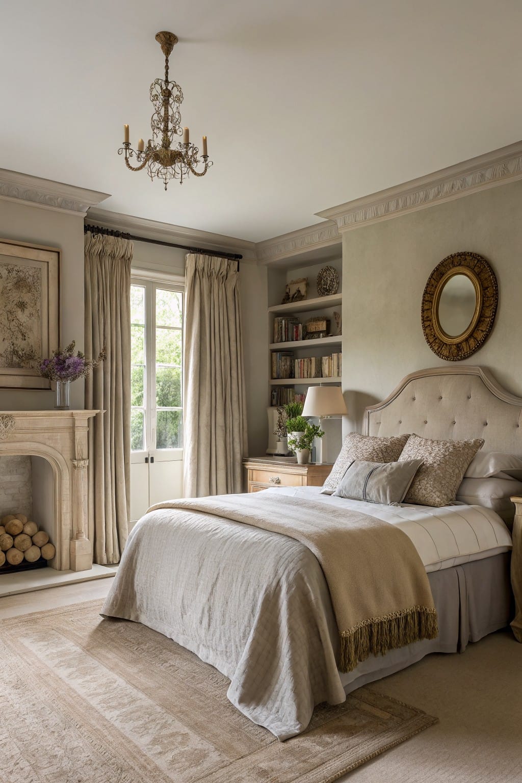 Cozy bedroom with soft greige walls, tufted bed, fireplace, and French doors draped in linen curtains