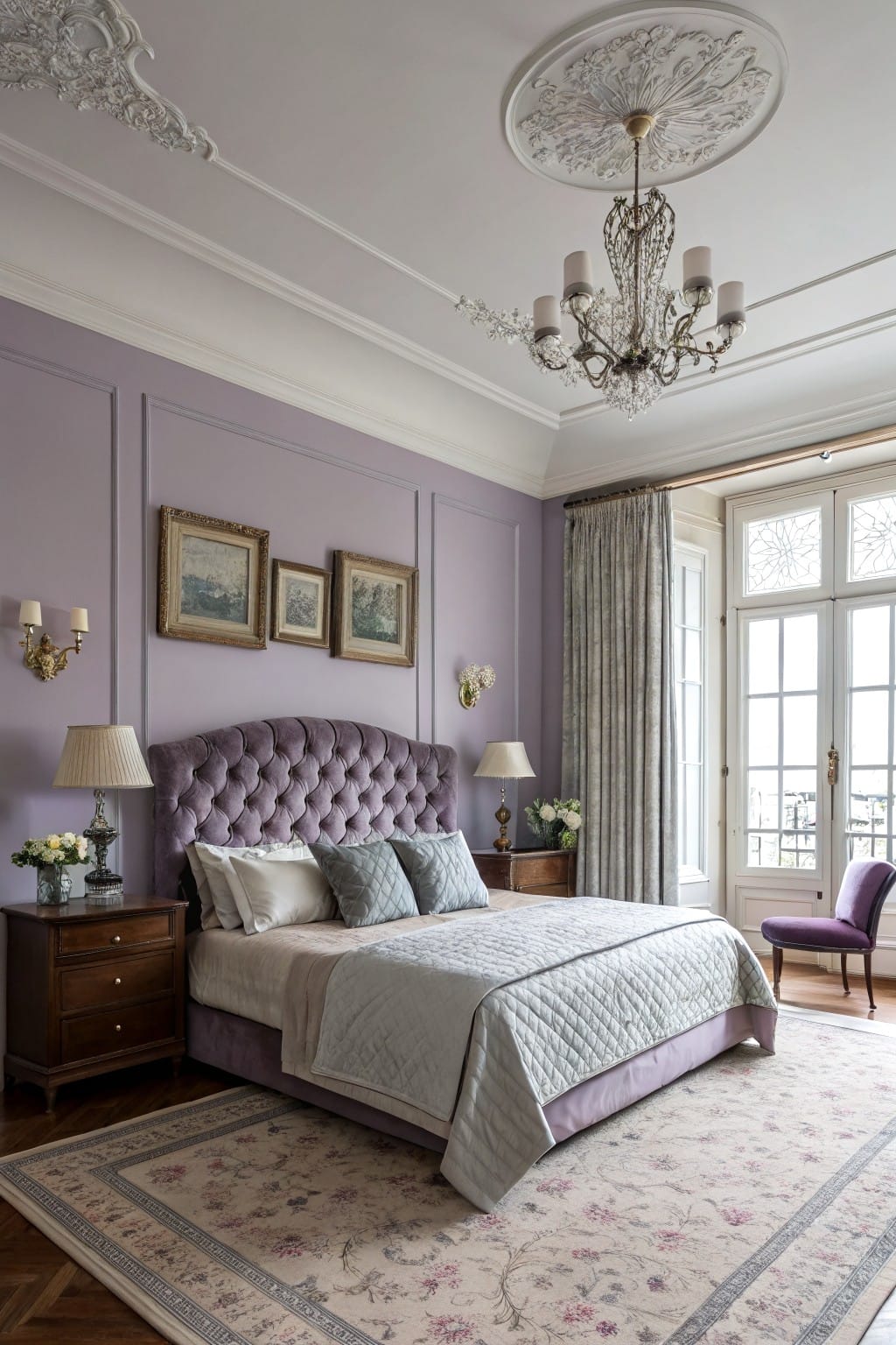 Elegant bedroom featuring a lavender tufted headboard, floral rug, and ornate chandelier.