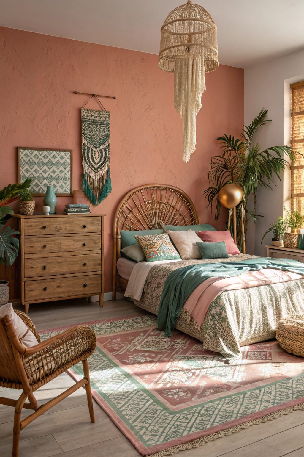Cozy boho bedroom featuring warm terracotta pink textured walls, rattan bedframe and chair, wooden dresser, layered colorful bedding, plants, and woven hanging lamp