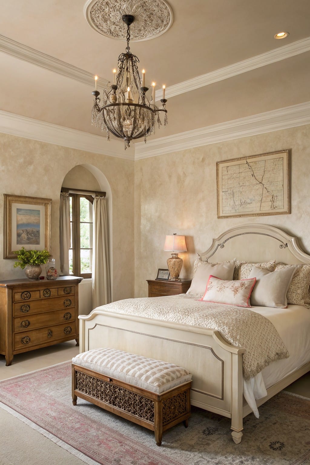 Bedroom with warm greige walls, crystal chandelier, carved wood bed frame, and beige map artwork above tufted headboard